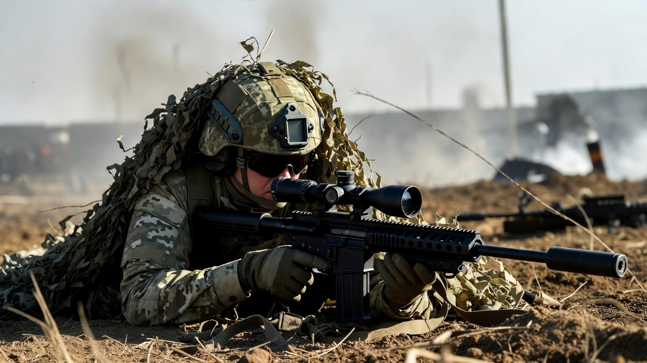 Soldier aiming sniper rifle in camouflage Soldier aiming sniper rifle in camouflage