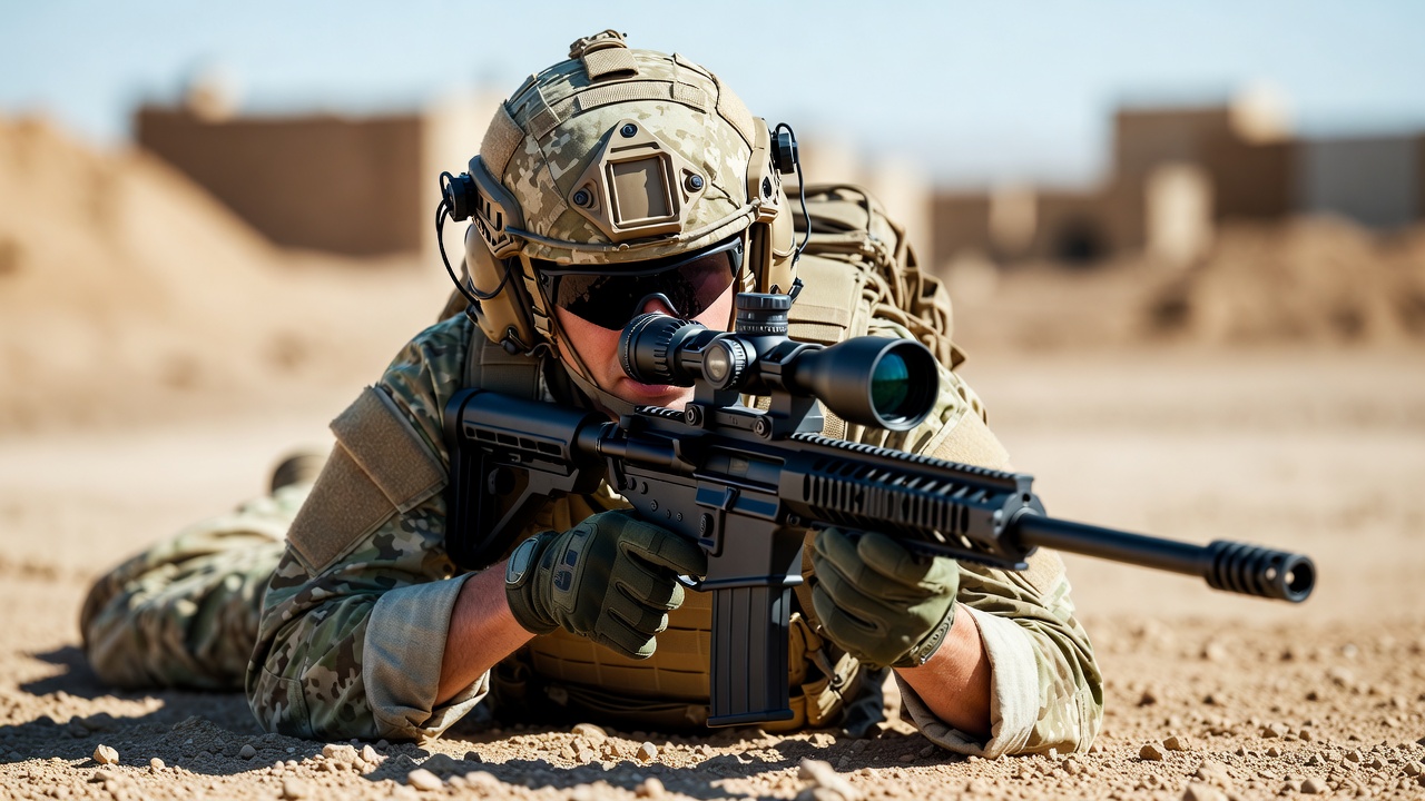 Soldier aiming sniper rifle in desert Soldier aiming sniper rifle in desert