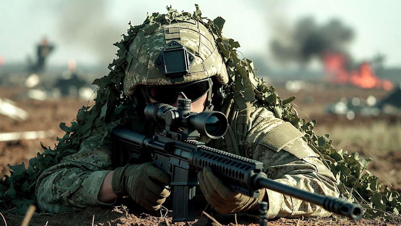 Soldier aiming sniper rifle in combat Soldier aiming sniper rifle in combat