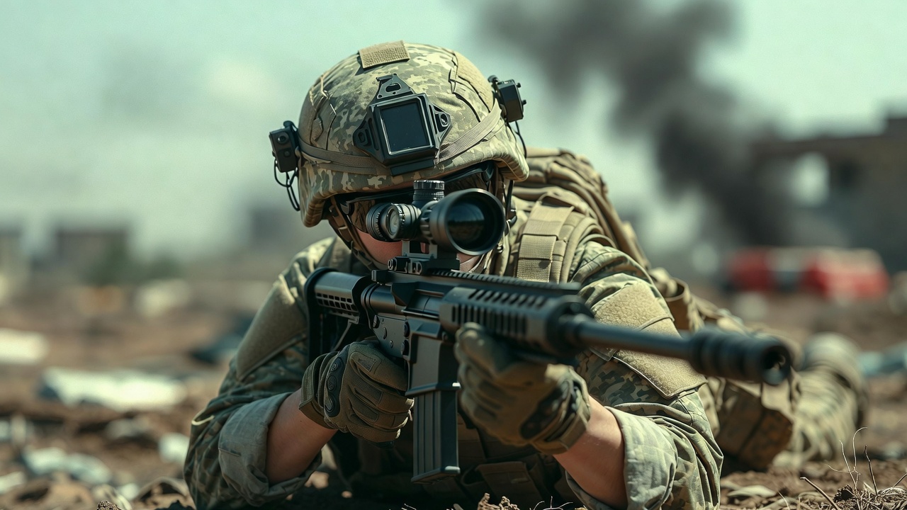 Soldier aiming rifle in combat Soldier aiming rifle in combat