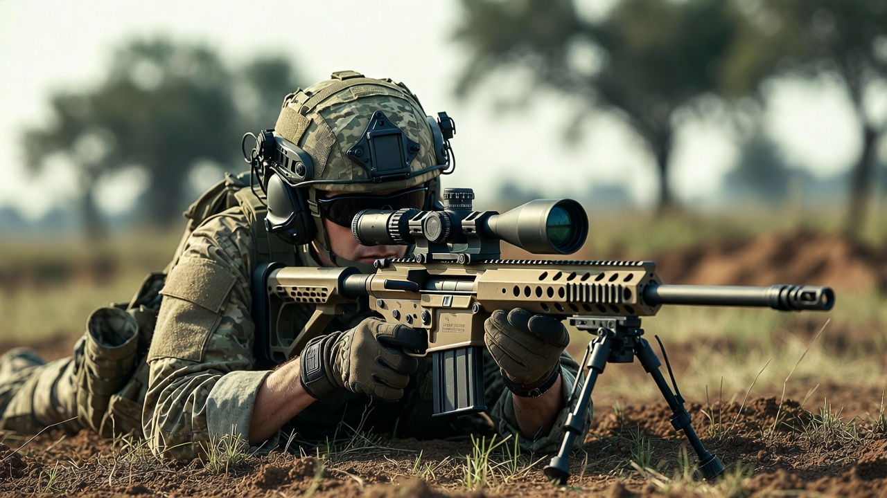 Soldier aiming sniper rifle prone Soldier aiming sniper rifle prone