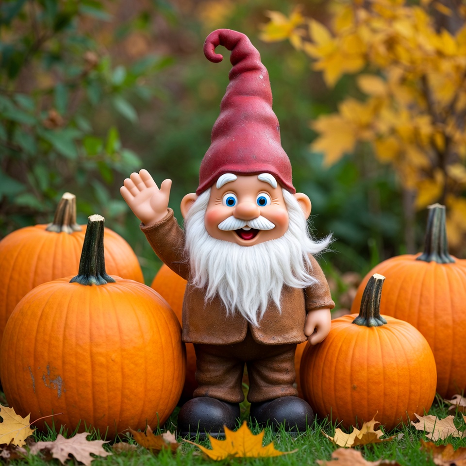 Smiling garden gnome waving with pumpkins Smiling garden gnome waving with pumpkins