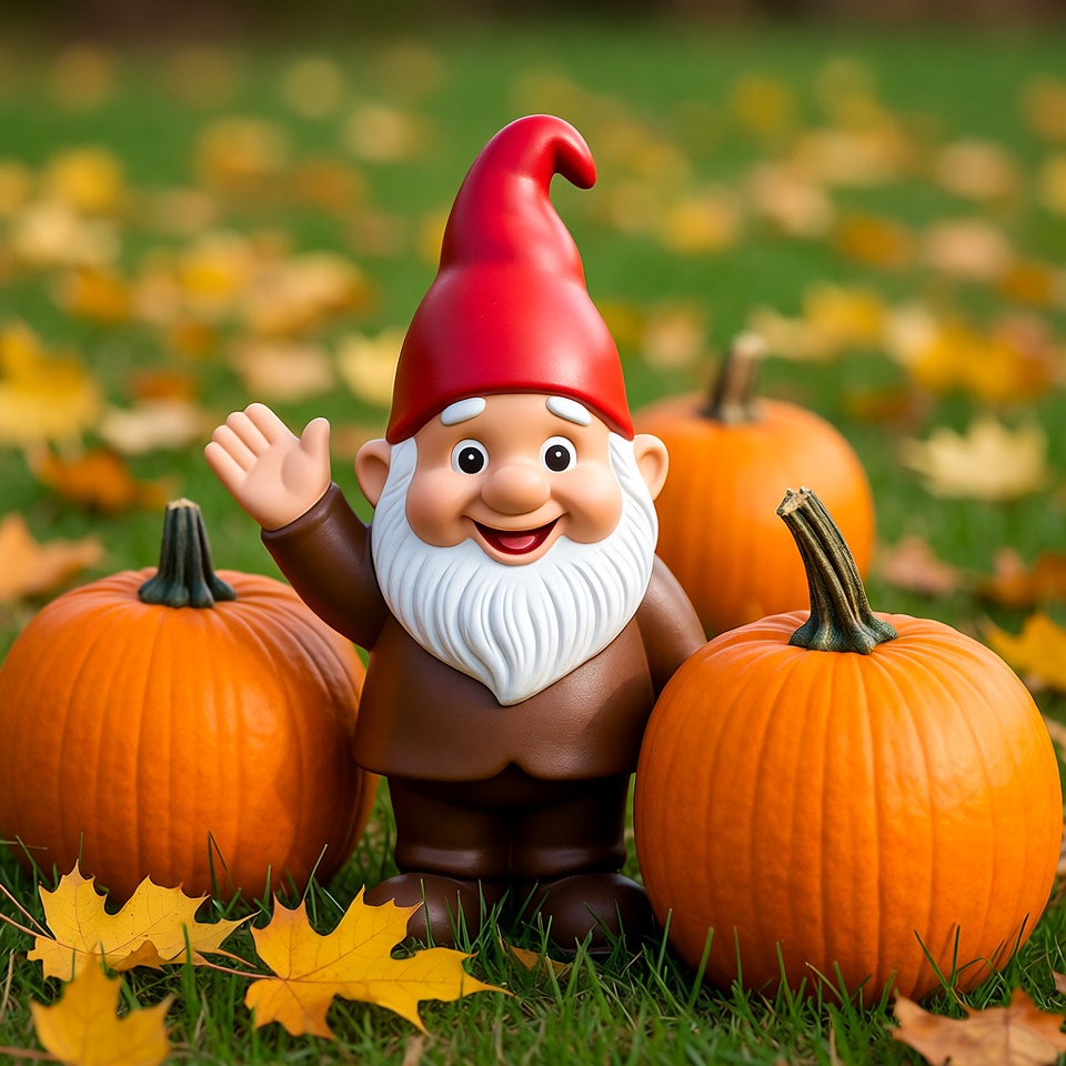 Smiling garden gnome with pumpkins Smiling garden gnome with pumpkins