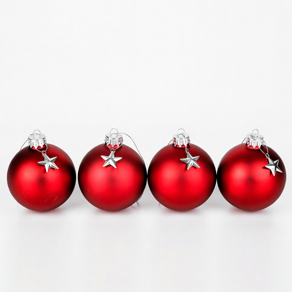 Four Red Christmas Baubles with Stars Four Red Christmas Baubles with Stars