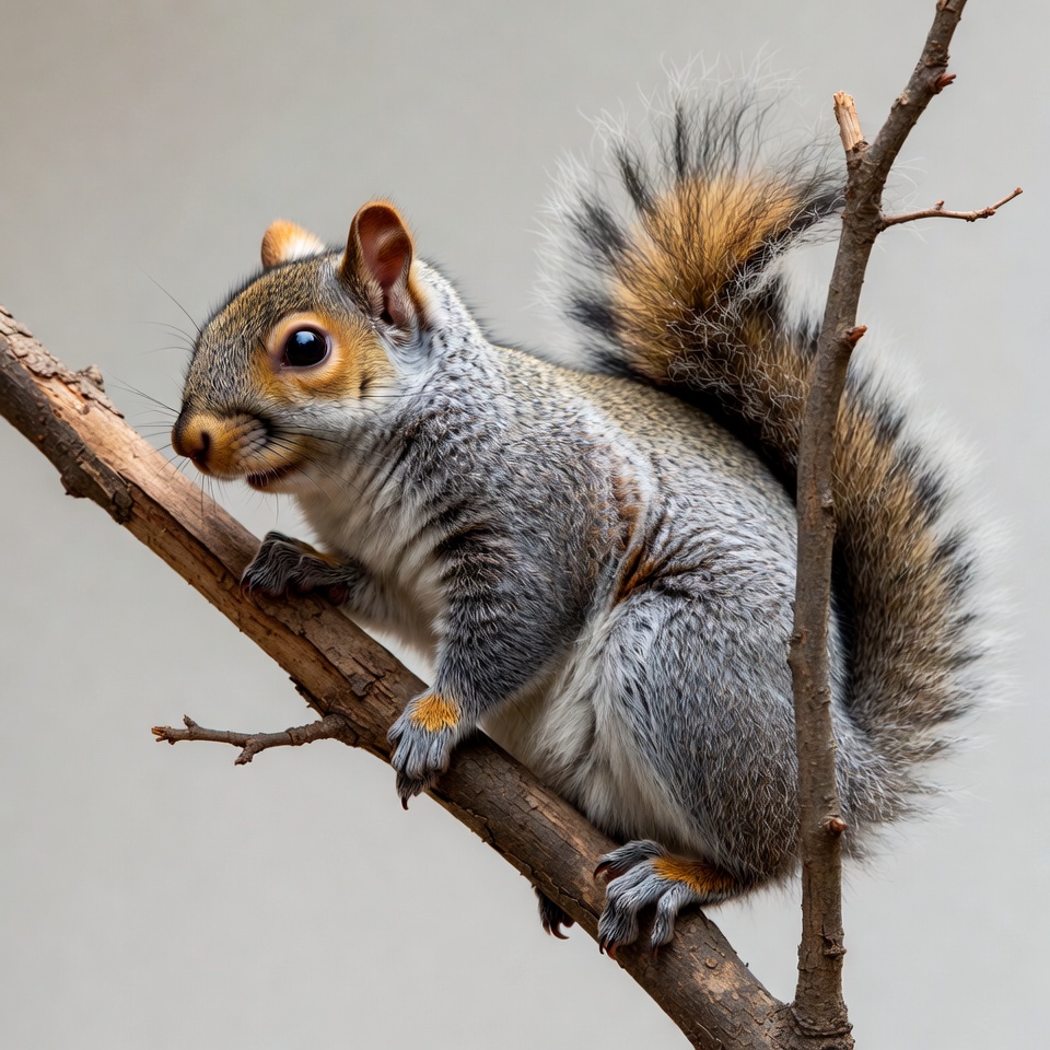 Gray squirrel climbing on branch Gray squirrel climbing on branch