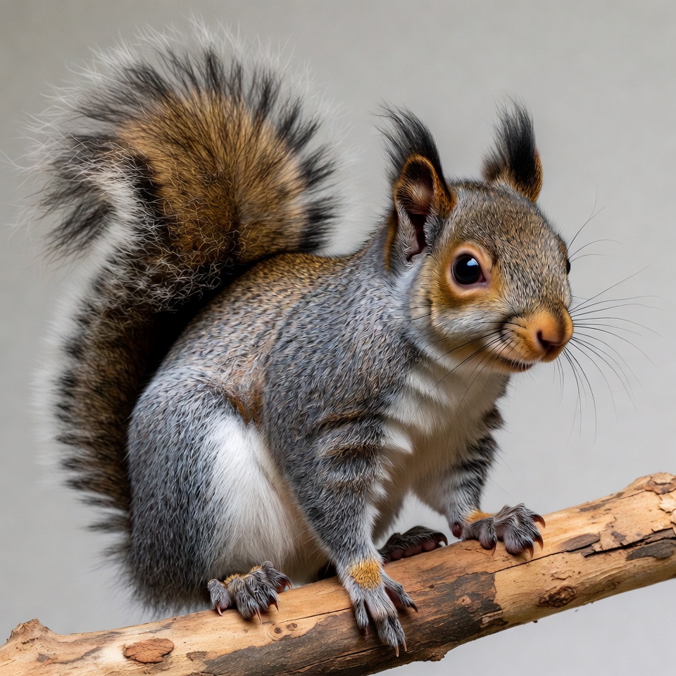 Fluffy red squirrel on branch Fluffy red squirrel on branch