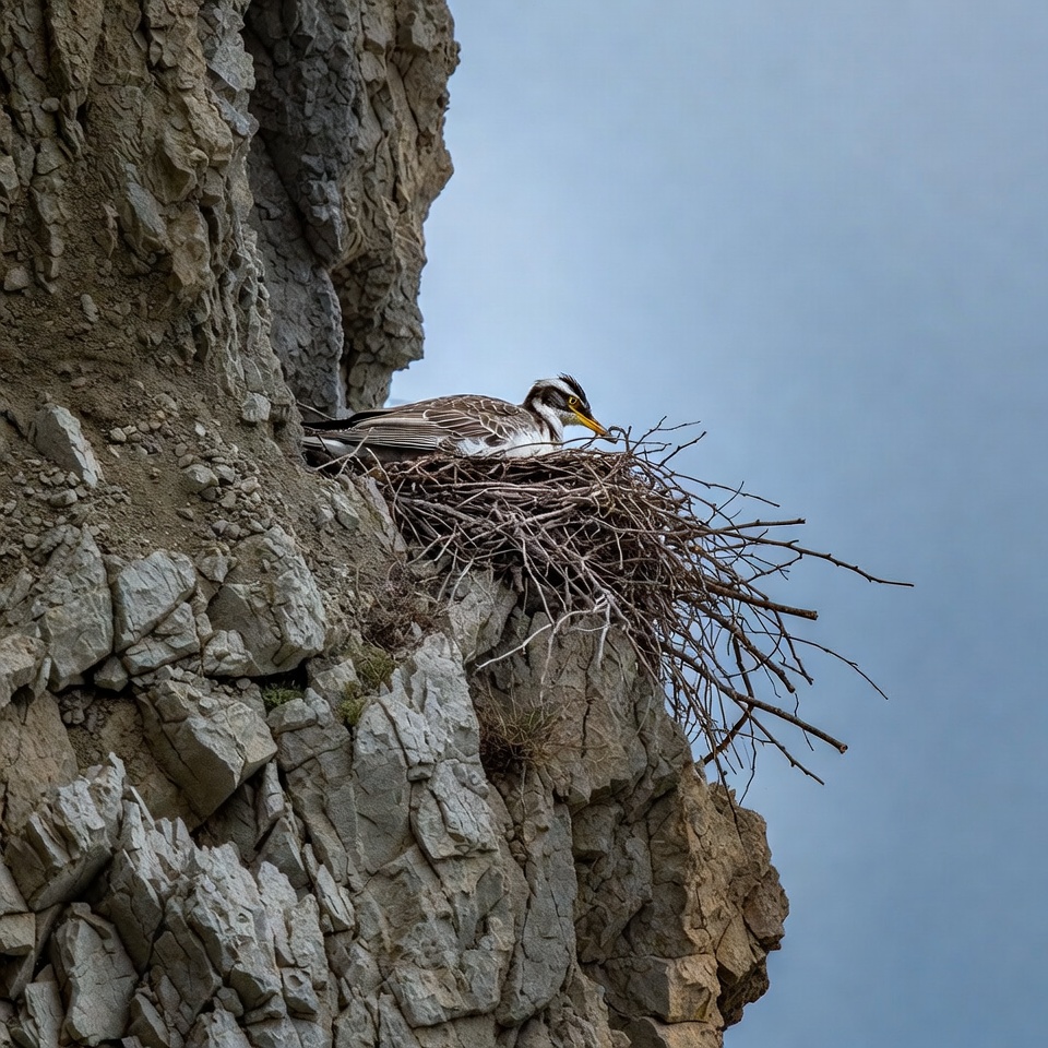 Bird on nest in rocky cliff Bird on nest in rocky cliff