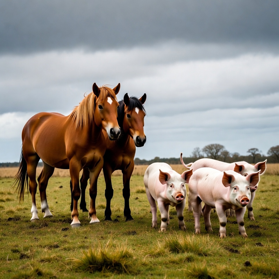 Bay and Black Horses with Piglets Bay and Black Horses with Piglets