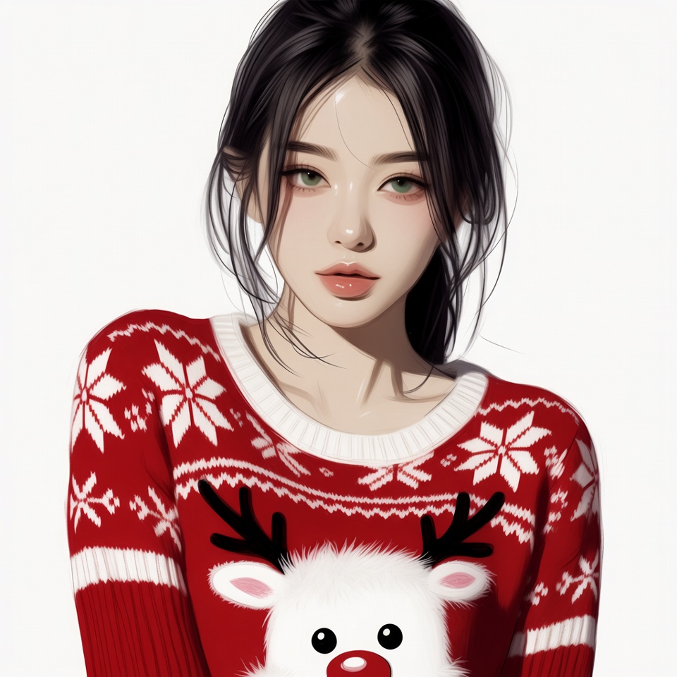 Asian woman in reindeer Christmas sweater Asian woman in reindeer Christmas sweater