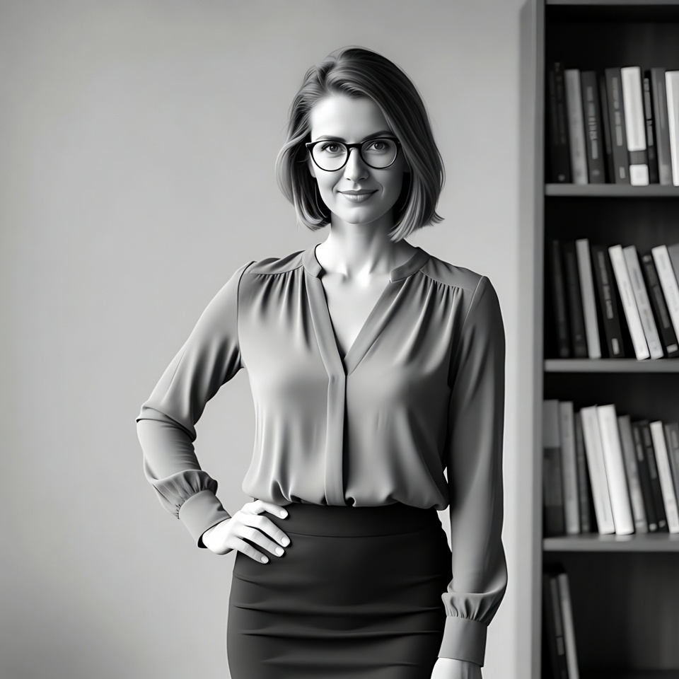 Smiling woman in glasses by bookshelf Smiling woman in glasses by bookshelf