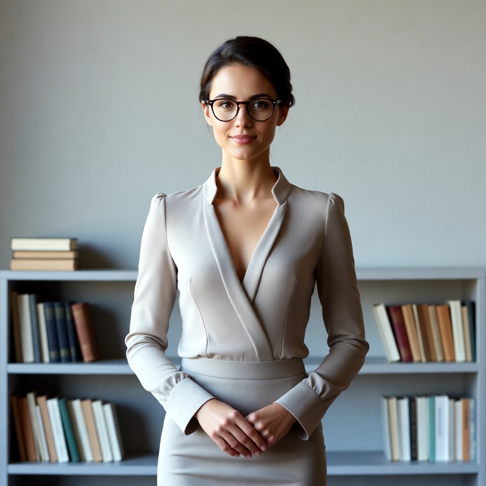Woman in gray dress by bookshelf Woman in gray dress by bookshelf
