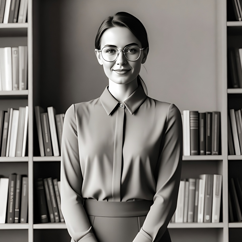 Woman in glasses standing by bookshelves Woman in glasses standing by bookshelves