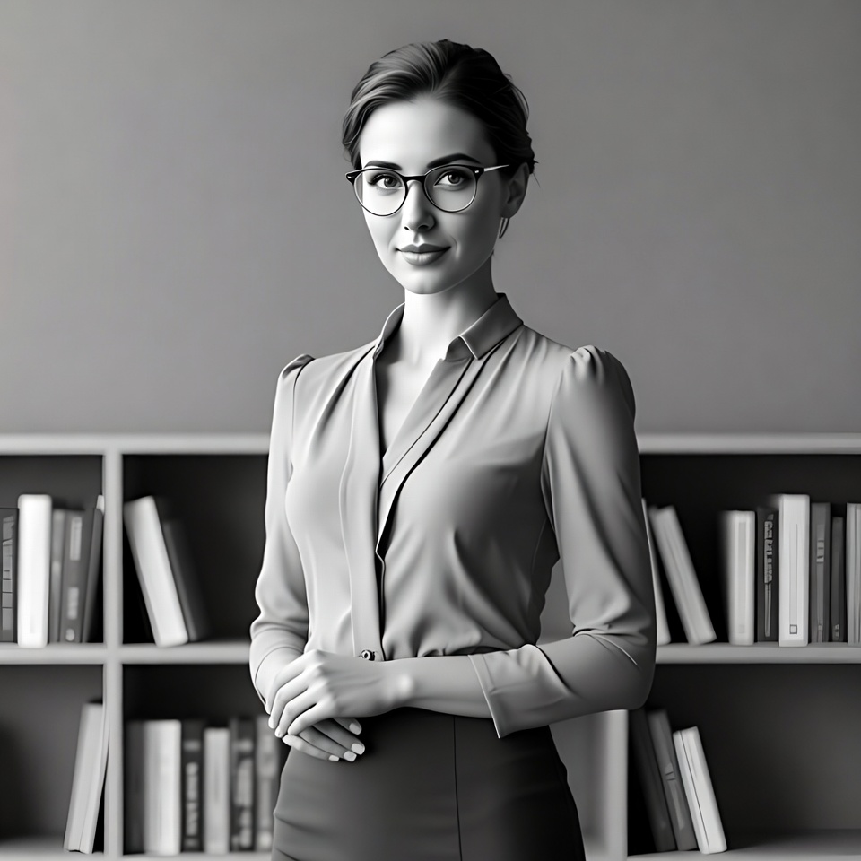 Woman in glasses standing by bookshelves Woman in glasses standing by bookshelves