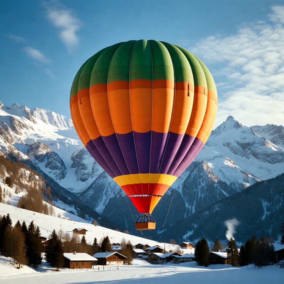 Colorful Hot Air Balloon Over Snowy Mountains Colorful Hot Air Balloon Over Snowy Mountains