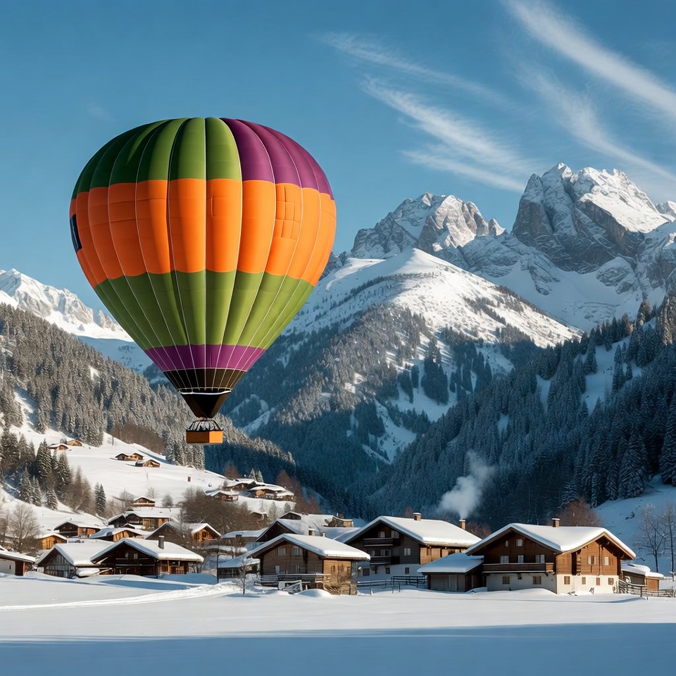 Colorful Hot Air Balloon Over Snowy Mountains Colorful Hot Air Balloon Over Snowy Mountains