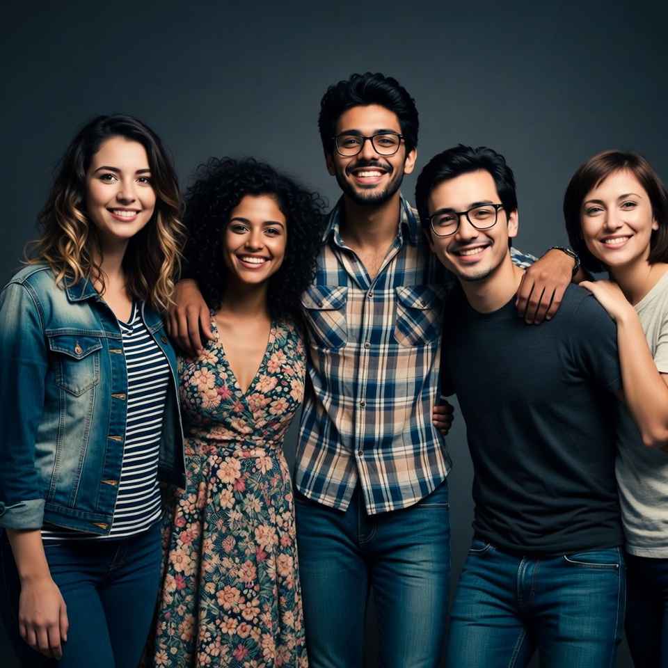 Diverse group of five friends smiling Diverse group of five friends smiling