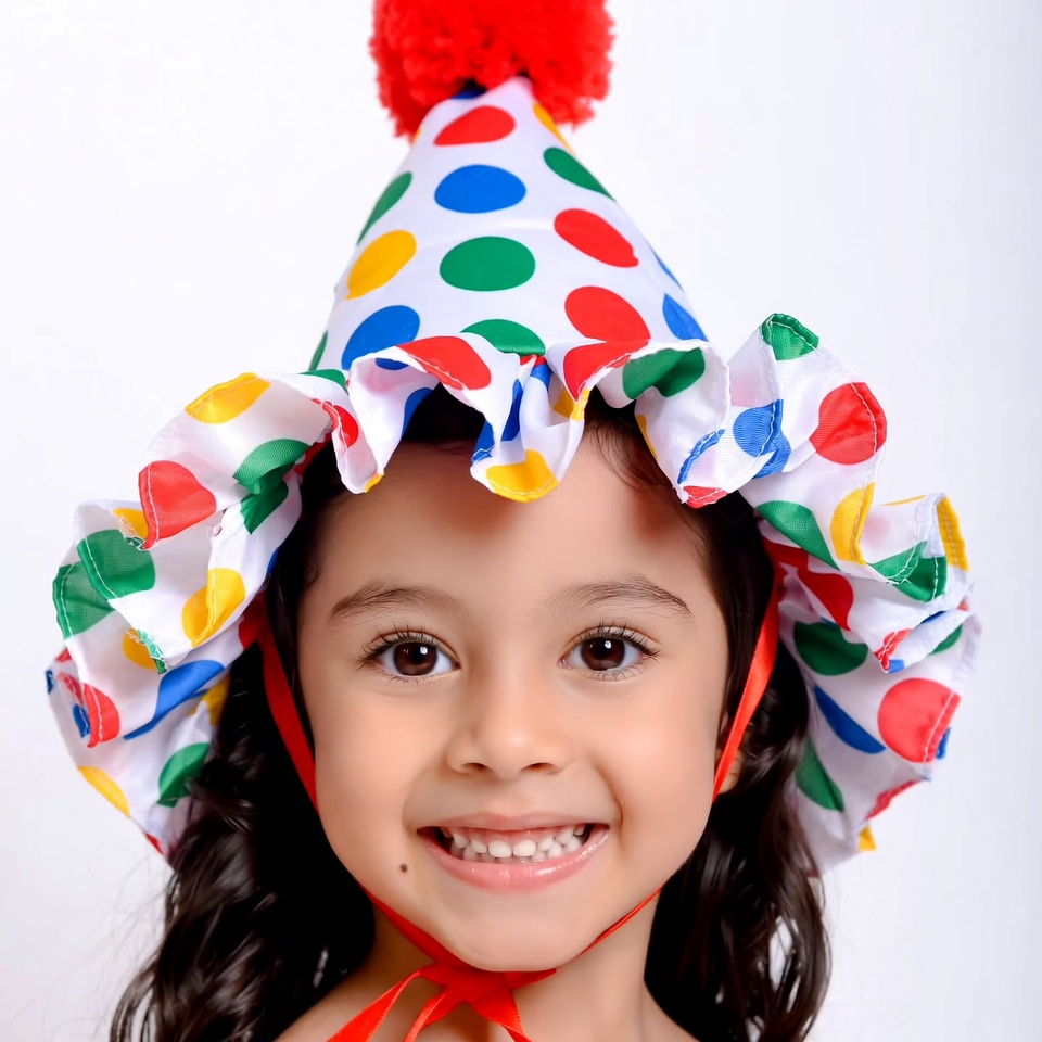 Girl wearing colorful polka dot party hat Girl wearing colorful polka dot party hat