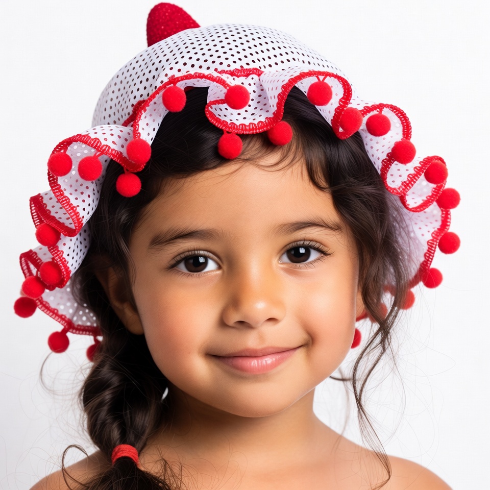 Latino girl wearing red pom pom hat Latino girl wearing red pom pom hat