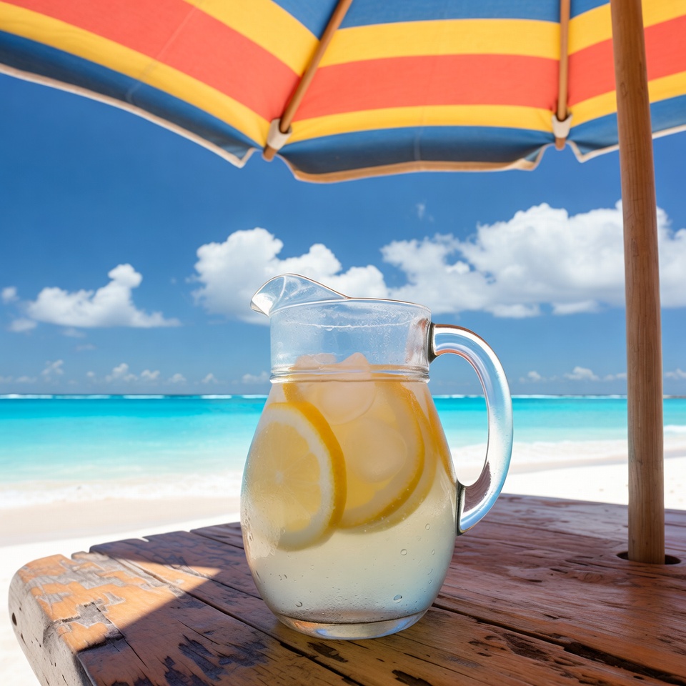 Lemonade pitcher under beach umbrella Lemonade pitcher under beach umbrella