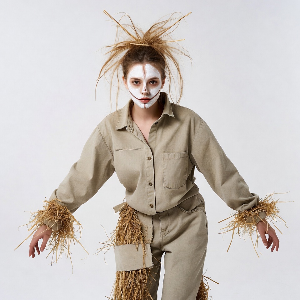 Woman in scarecrow costume with straw Woman in scarecrow costume with straw