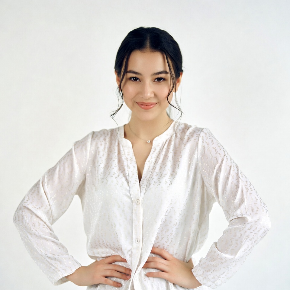 Asian woman hands on hips smiling Asian woman hands on hips smiling