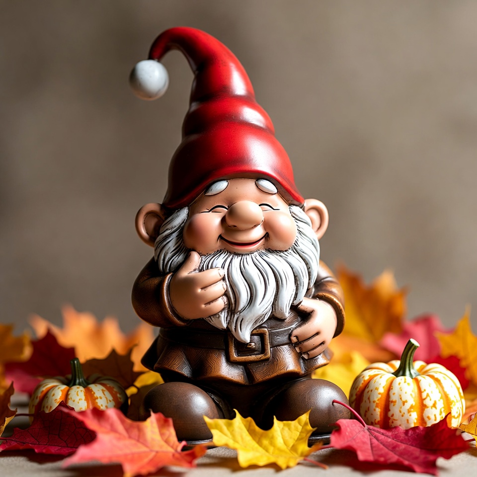 Smiling garden gnome with pumpkins Smiling garden gnome with pumpkins