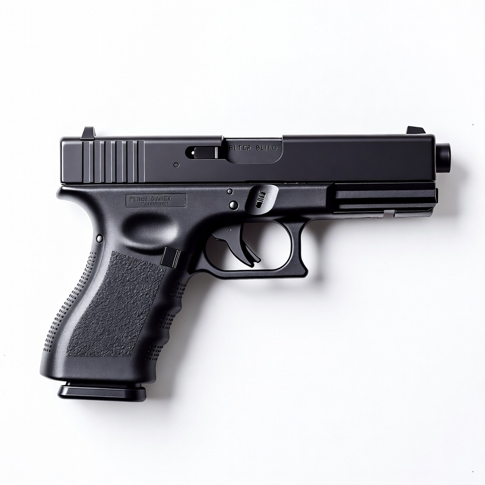 Black Glock 17 Pistol on White Background Black Glock 17 Pistol on White Background