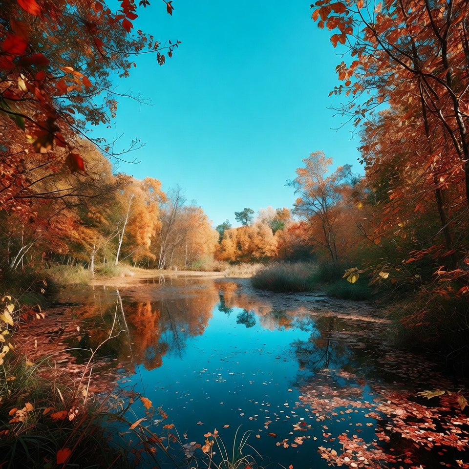 Autumn Forest Path with Reflective Pond Autumn Forest Path with Reflective Pond
