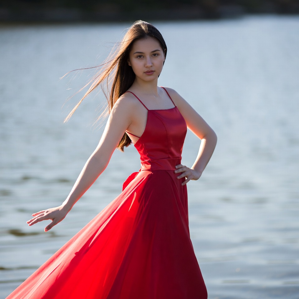 Asian girl in red dress by lake Asian girl in red dress by lake