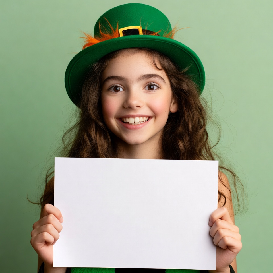 Girl holding blank sign in green leprechaun hat Girl holding blank sign in green leprechaun hat