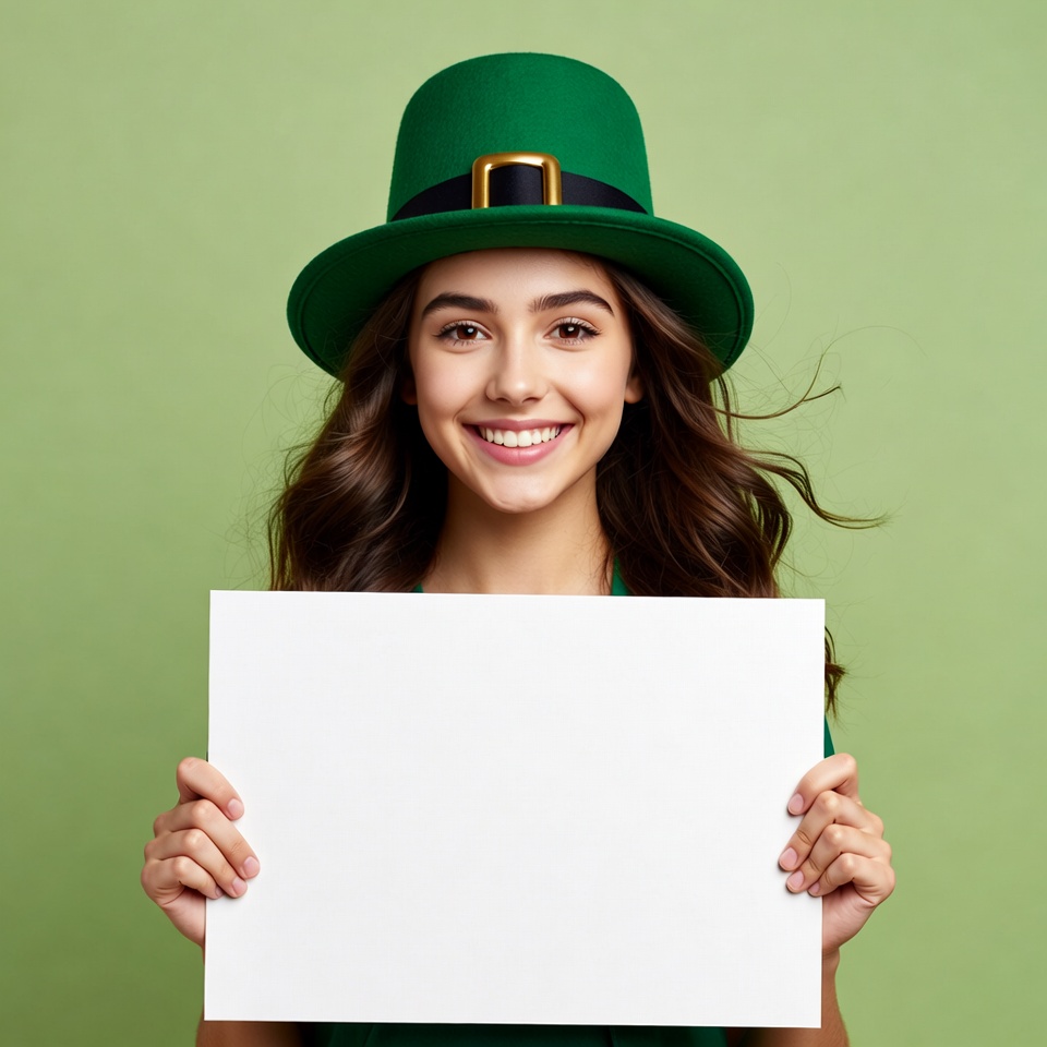 Girl holding blank sign in leprechaun hat Girl holding blank sign in leprechaun hat