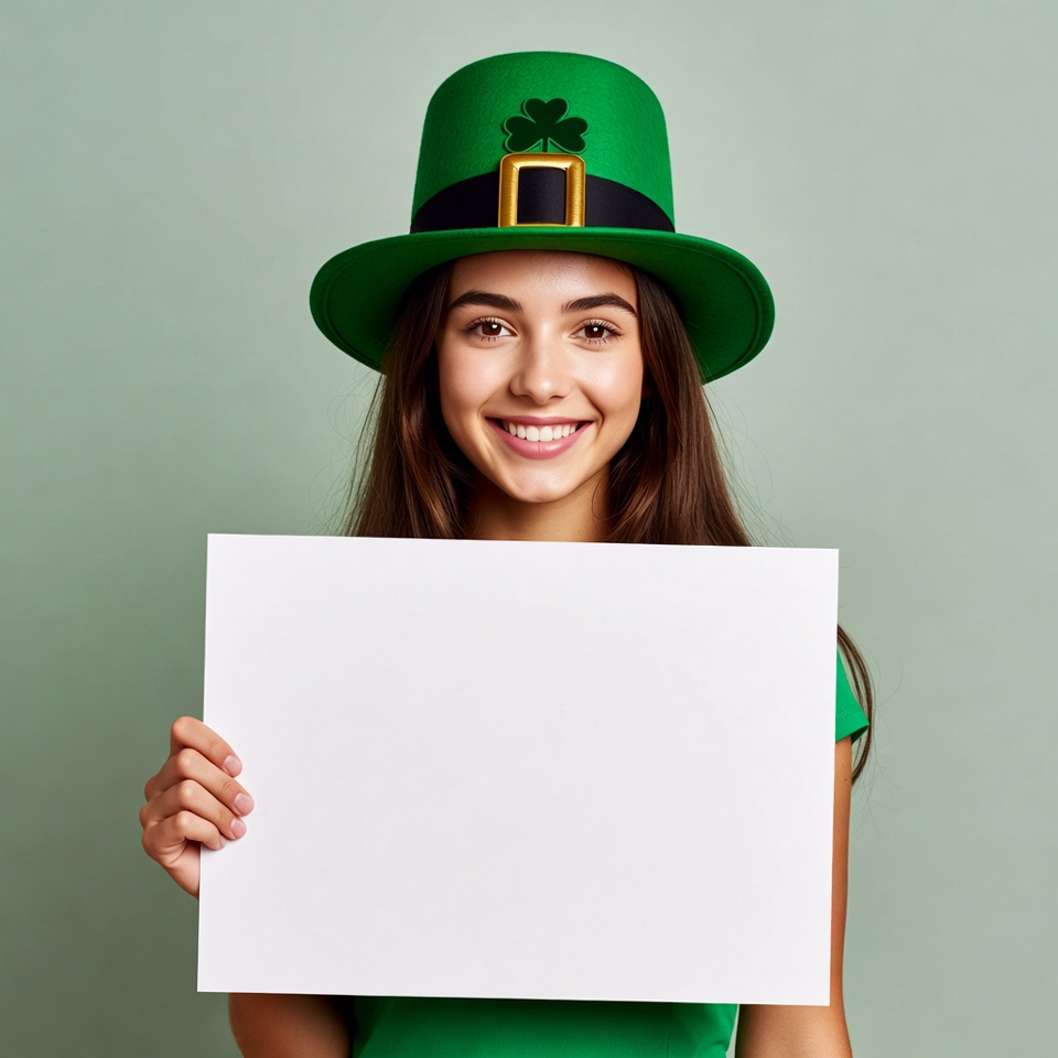 Girl in green leprechaun hat holding blank sign Girl in green leprechaun hat holding blank sign