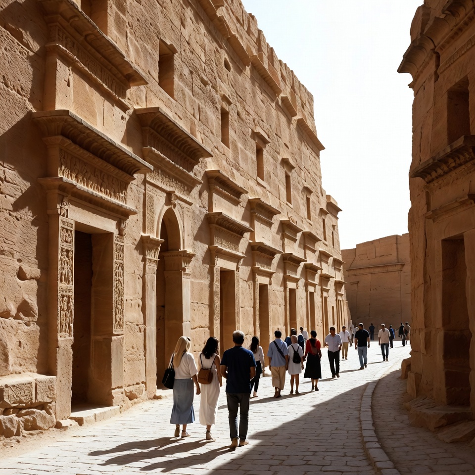Tourists walking ancient sandstone alley Tourists walking ancient sandstone alley