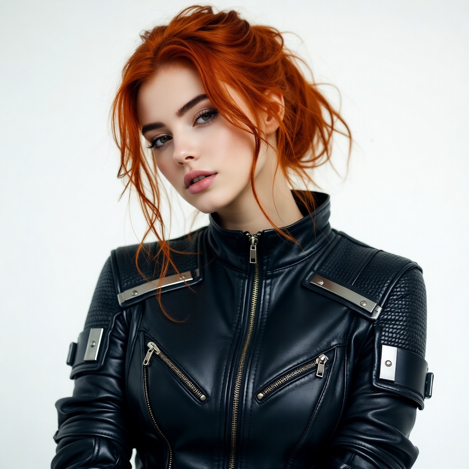 Redhead woman in black leather jacket Redhead woman in black leather jacket