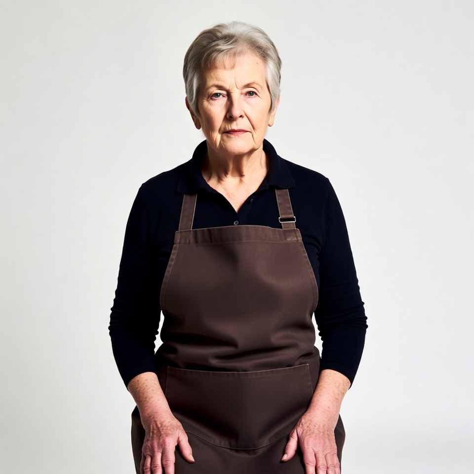 Elderly woman wearing brown apron Elderly woman wearing brown apron