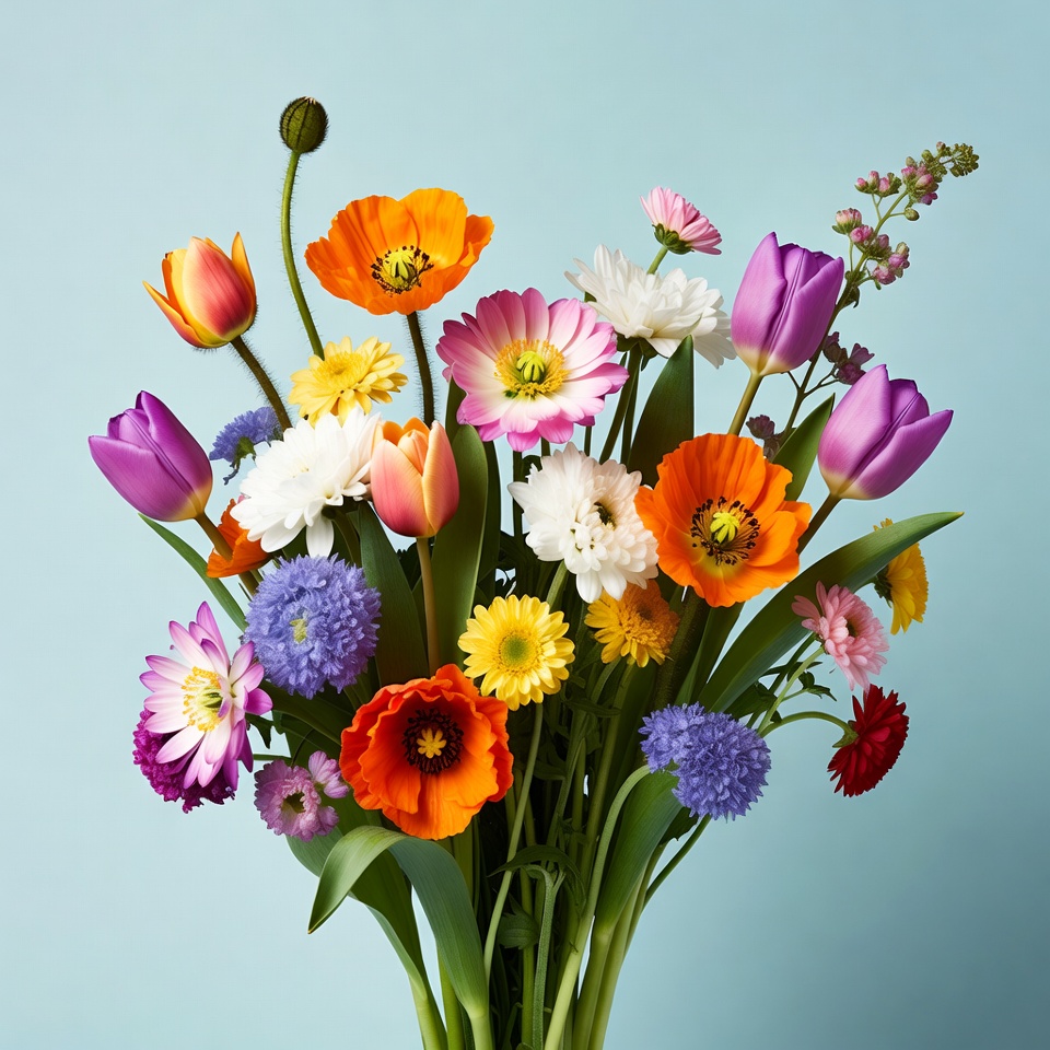 Colorful Tulips Bouquet on Blue Background Colorful Tulips Bouquet on Blue Background