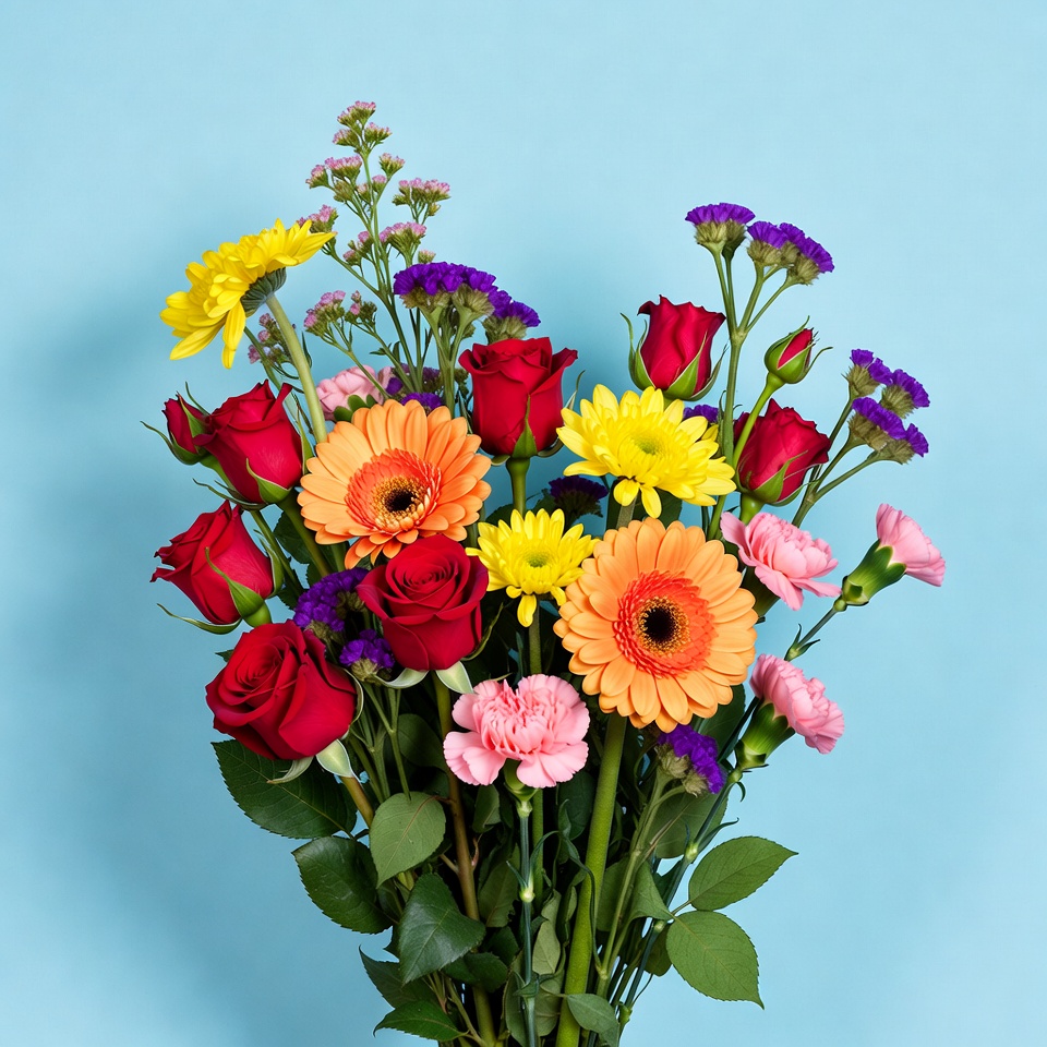 Colorful Flower Bouquet on Blue Background Colorful Flower Bouquet on Blue Background