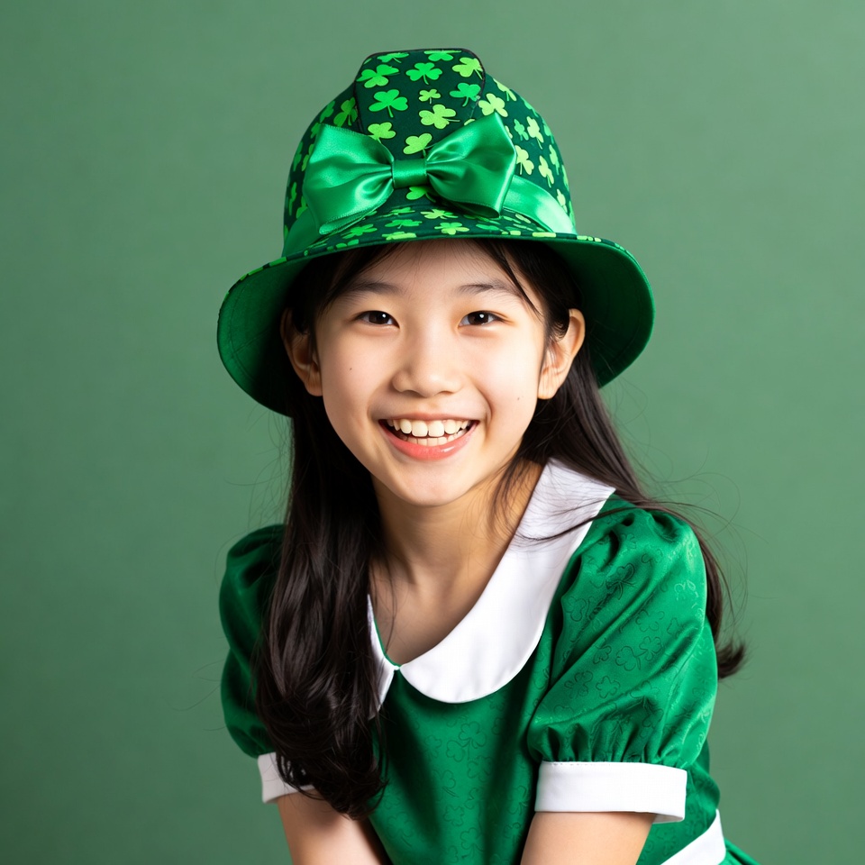 Asian girl in shamrock hat smiling Asian girl in shamrock hat smiling