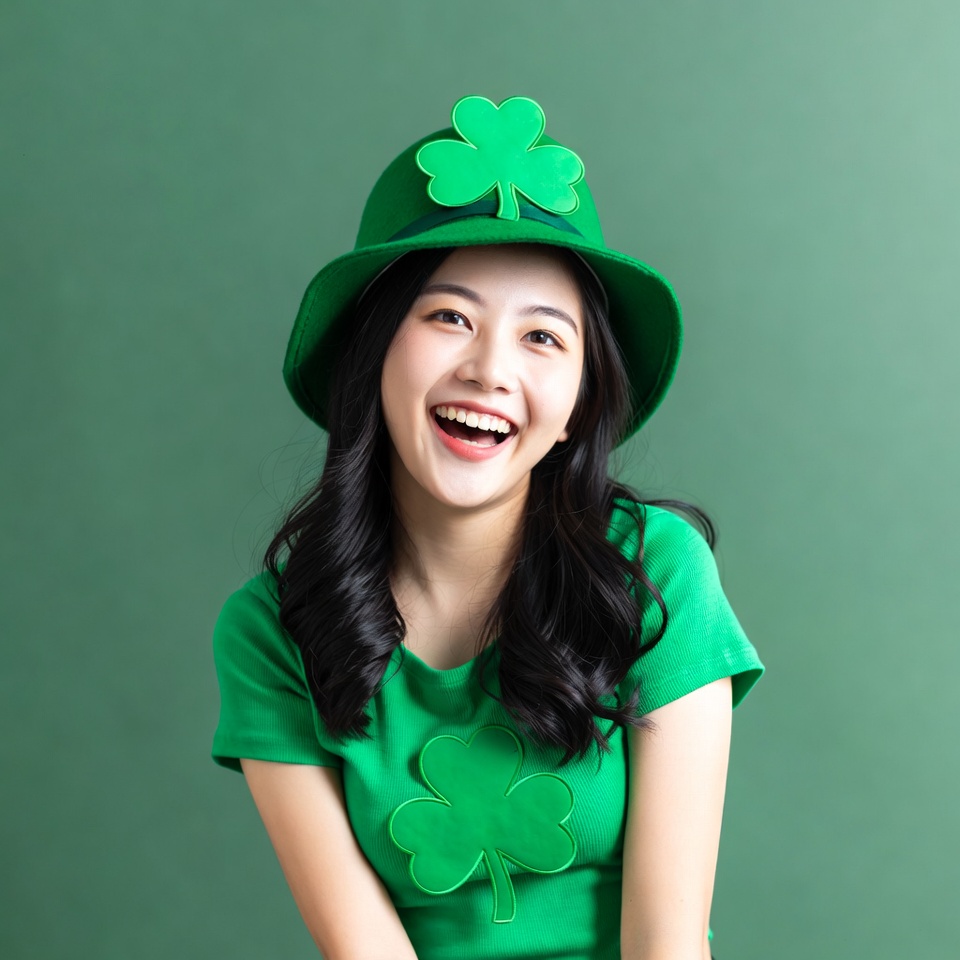 Asian woman in shamrock hat smiling Asian woman in shamrock hat smiling