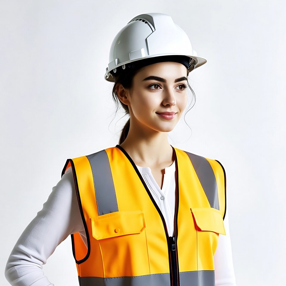 Woman in hard hat and safety vest Woman in hard hat and safety vest