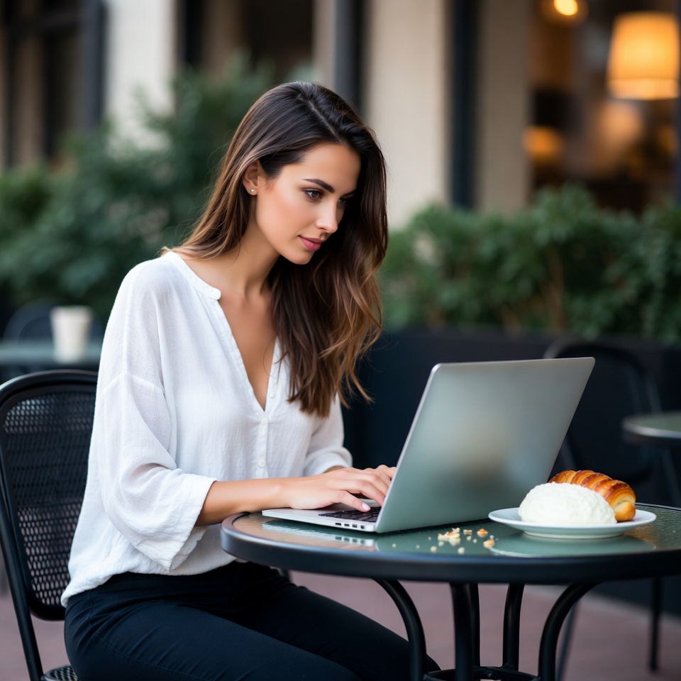 Woman working on laptop at outdoor cafe Woman working on laptop at outdoor cafe