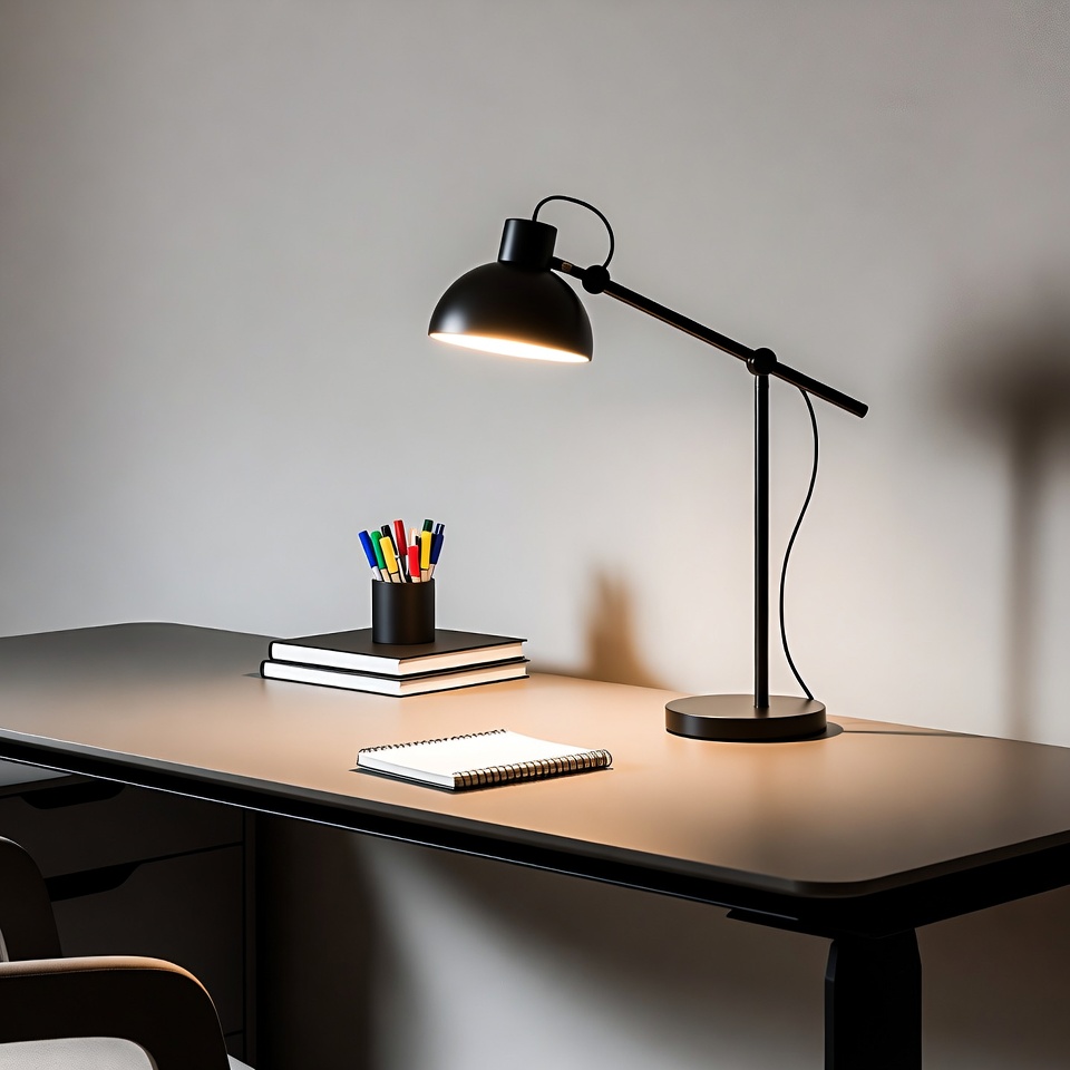 Black Desk Lamp with Notebooks and Pens Black Desk Lamp with Notebooks and Pens