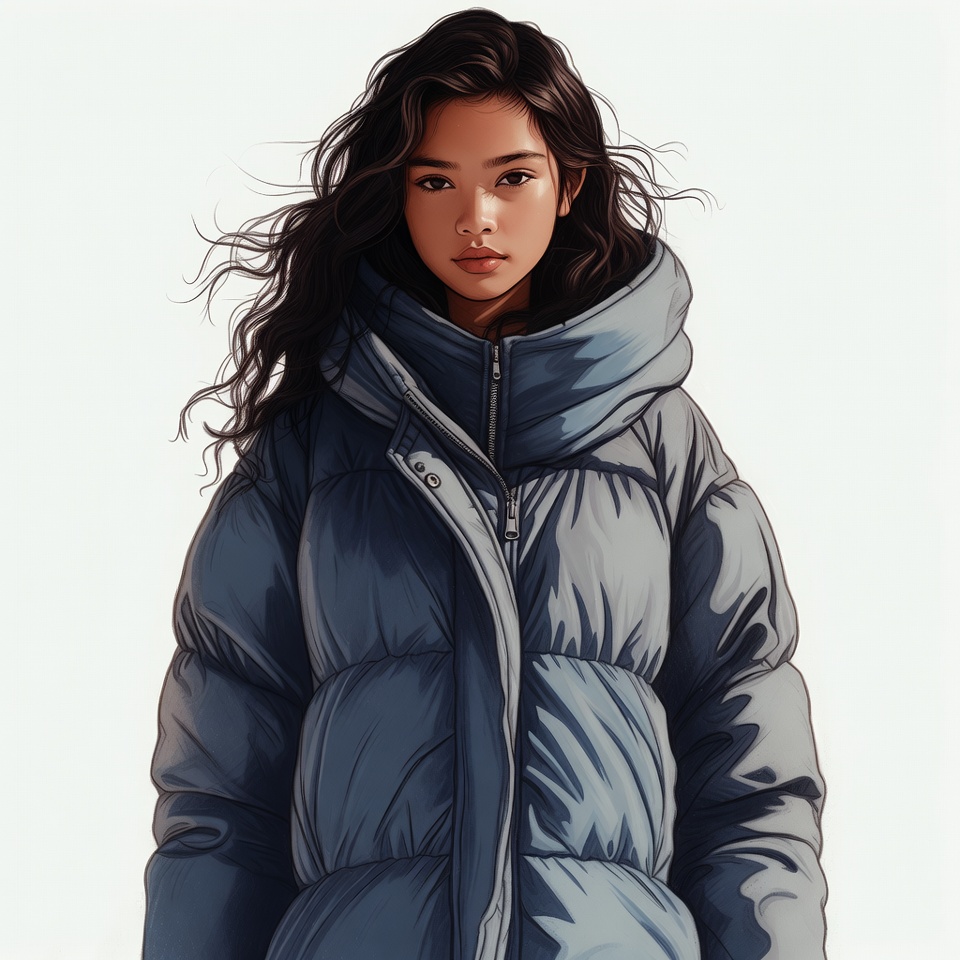 Asian woman in blue puffer jacket Asian woman in blue puffer jacket