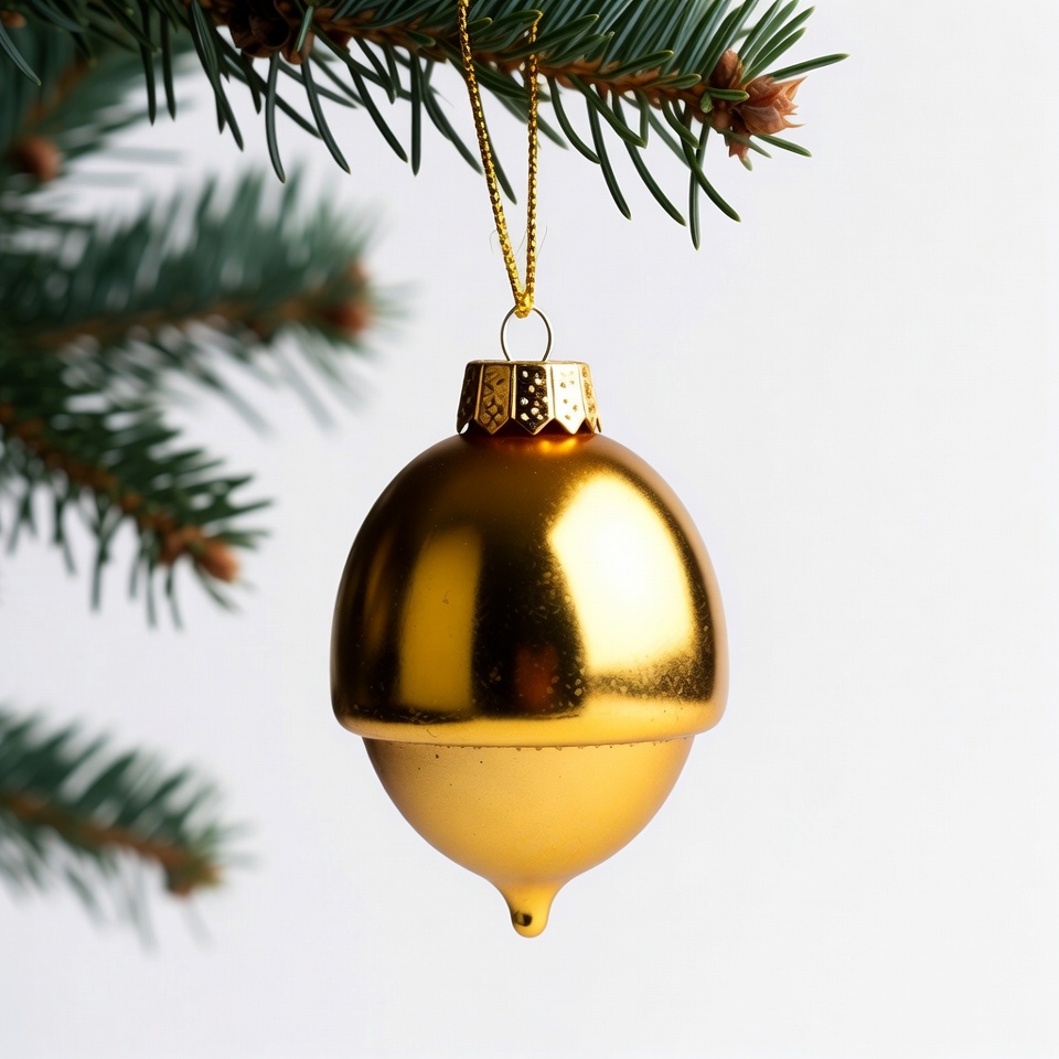 Gold acorn ornament on Christmas tree Gold acorn ornament on Christmas tree