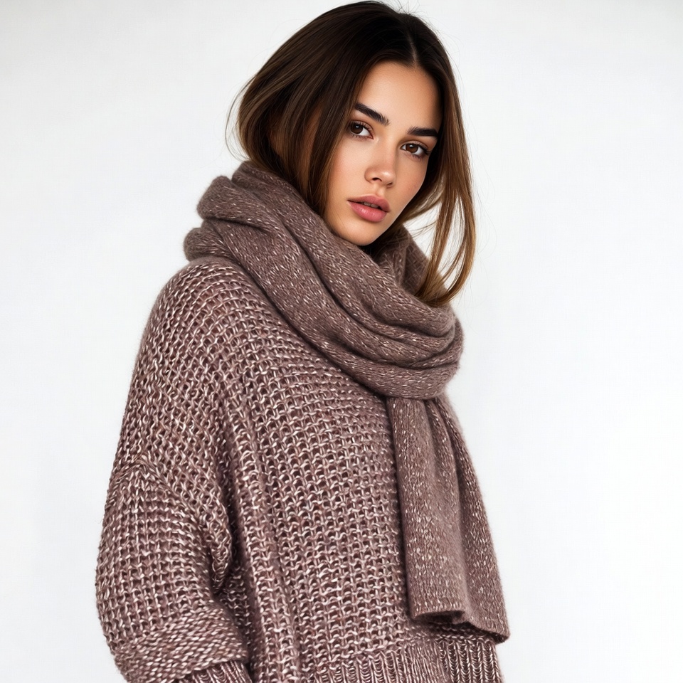Woman in Brown Knit Sweater and Scarf Woman in Brown Knit Sweater and Scarf