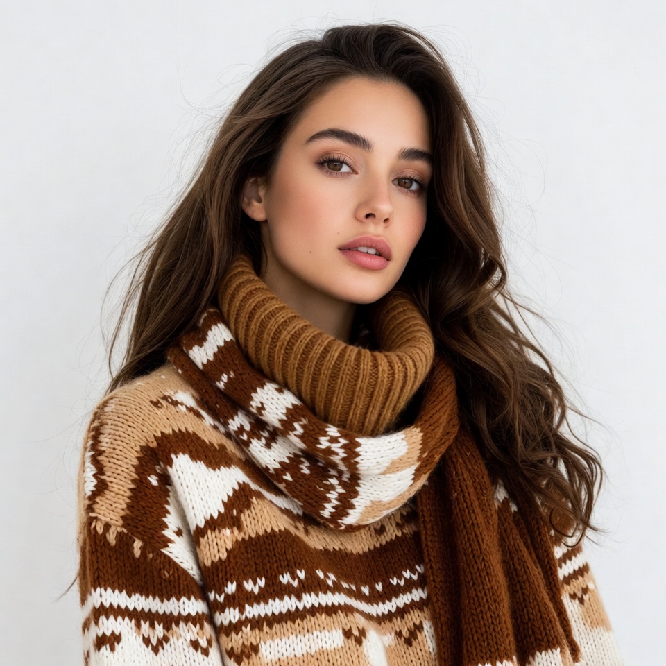 Woman in brown knit sweater scarf Woman in brown knit sweater scarf