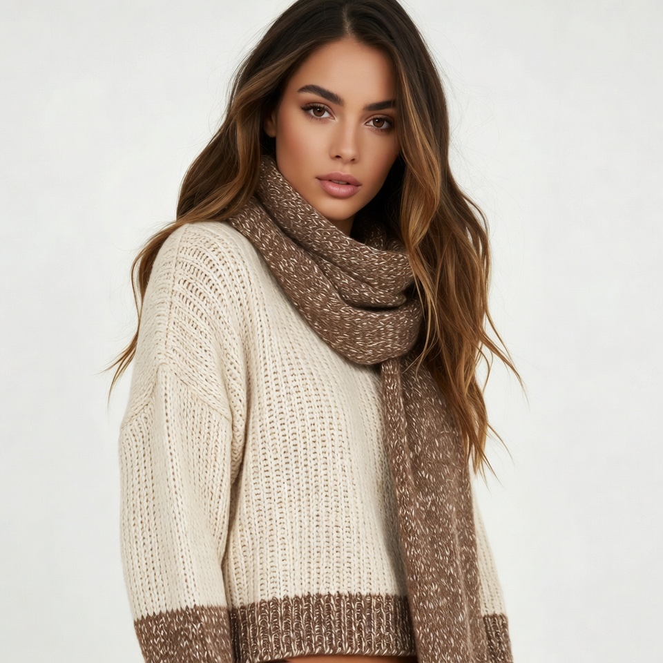 Woman in beige sweater and brown scarf Woman in beige sweater and brown scarf