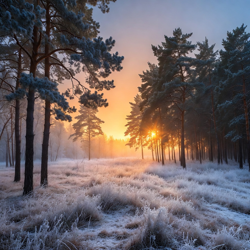 Snowy Pine Forest at Sunrise Snowy Pine Forest at Sunrise