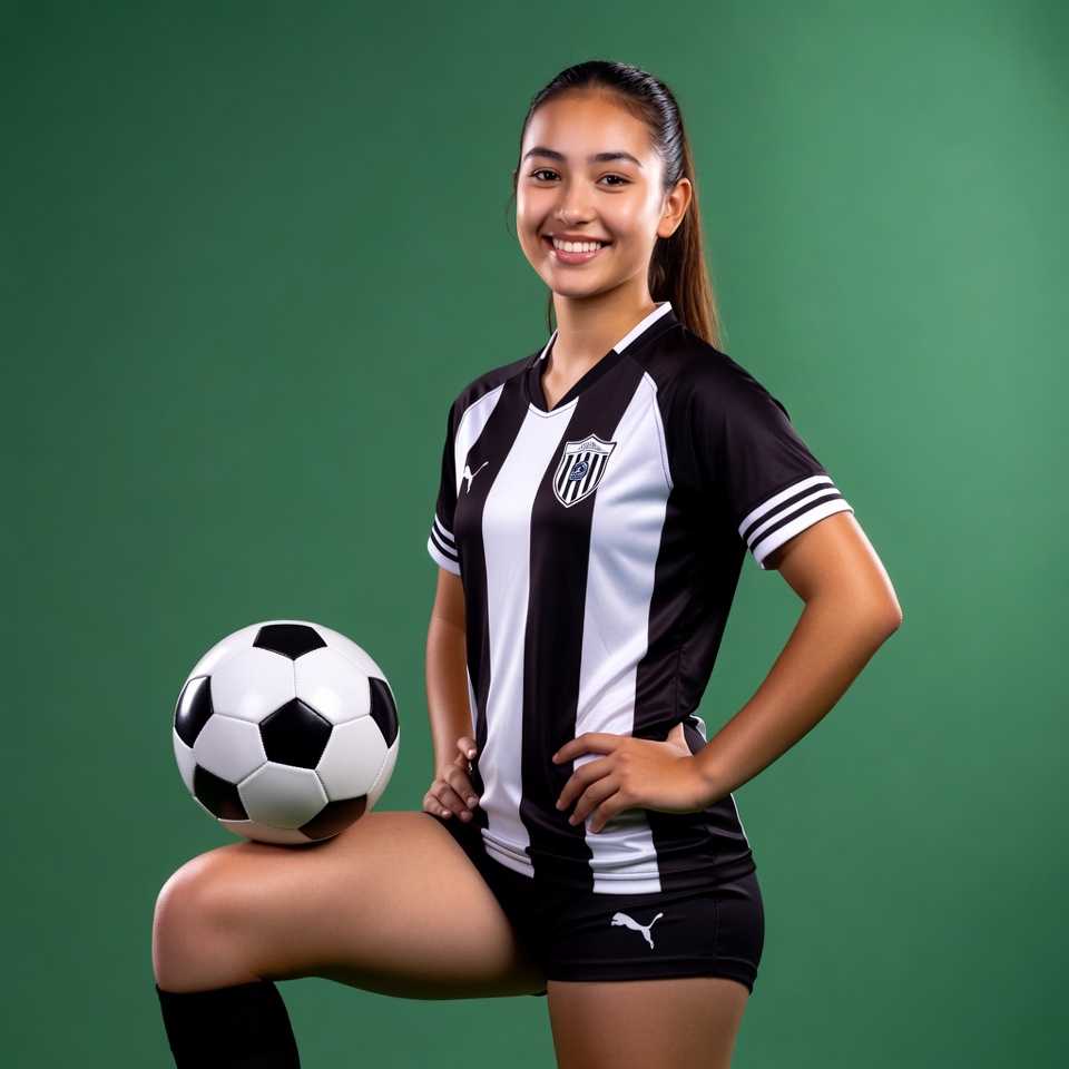 Smiling Latina girl in soccer jersey holding ball Smiling Latina girl in soccer jersey holding ball