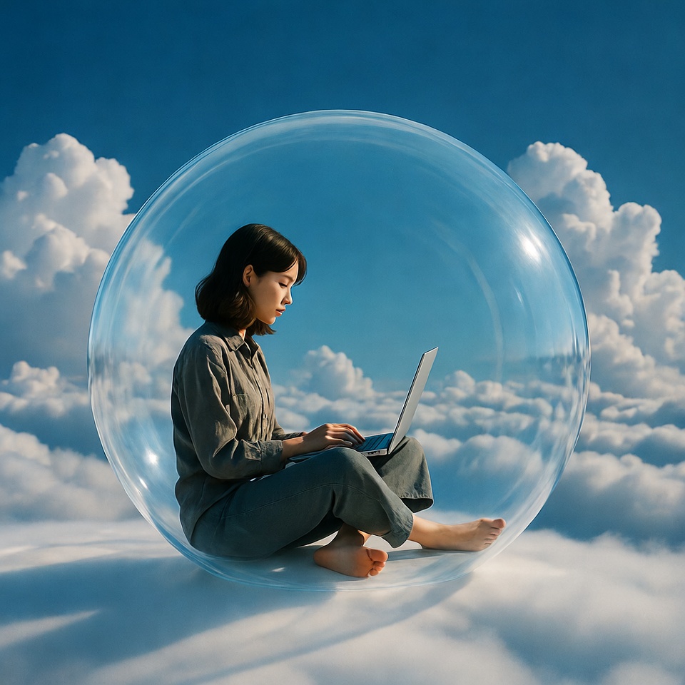 Asian woman working on laptop in bubble Asian woman working on laptop in bubble